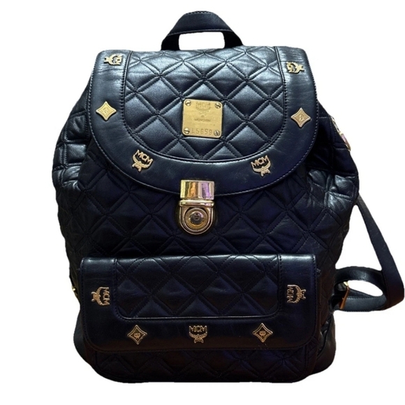 MCM Black Quilted Backpack with Gold Accents